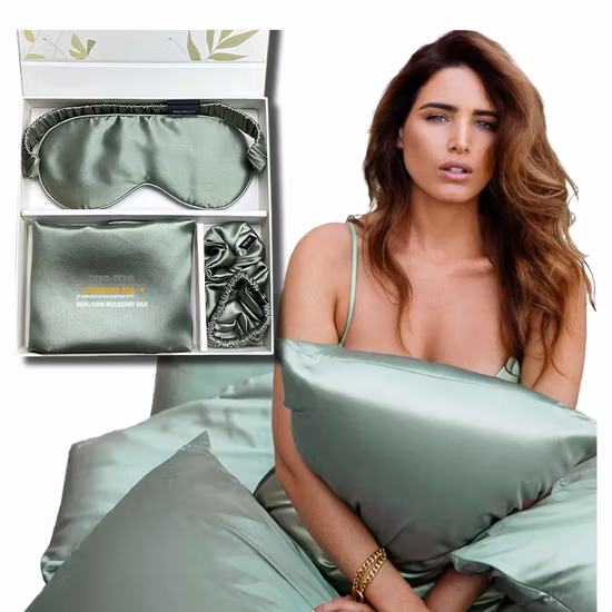 Ensemble de taies d'oreiller avec Logo personnalisé, taie d'oreiller en soie Pure, boîte à chouchous, cravate de cheveux, luxe 100% soie de mûrier