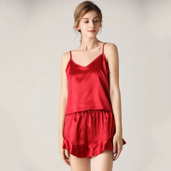 Vêtements de nuit en soie et coton pour femmes, vente en gros, bretelles en dentelle personnalisées, pyjamas sexy
